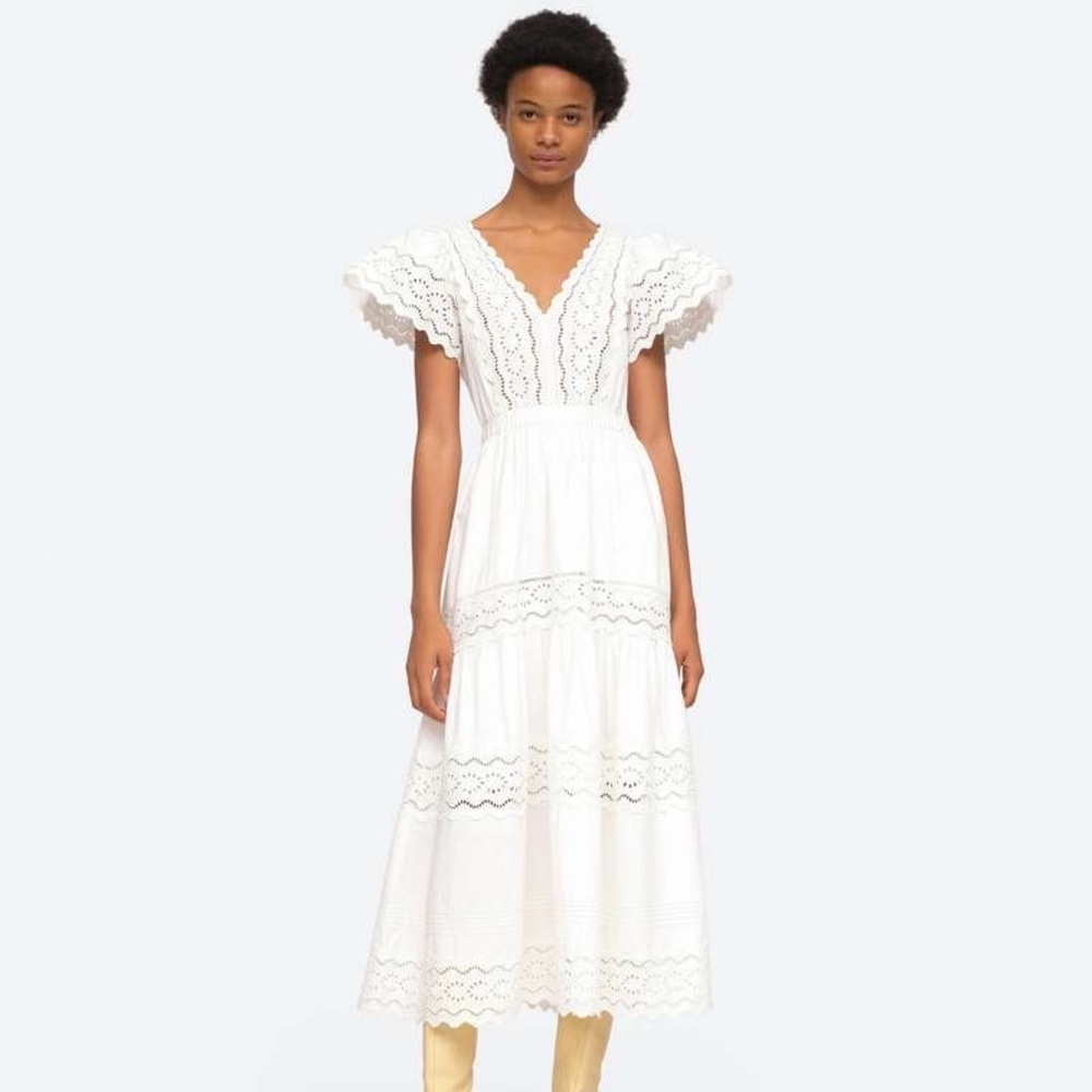SEA NEW YORK White Georgina Eyelet Flutter Sleeve Midi Dress